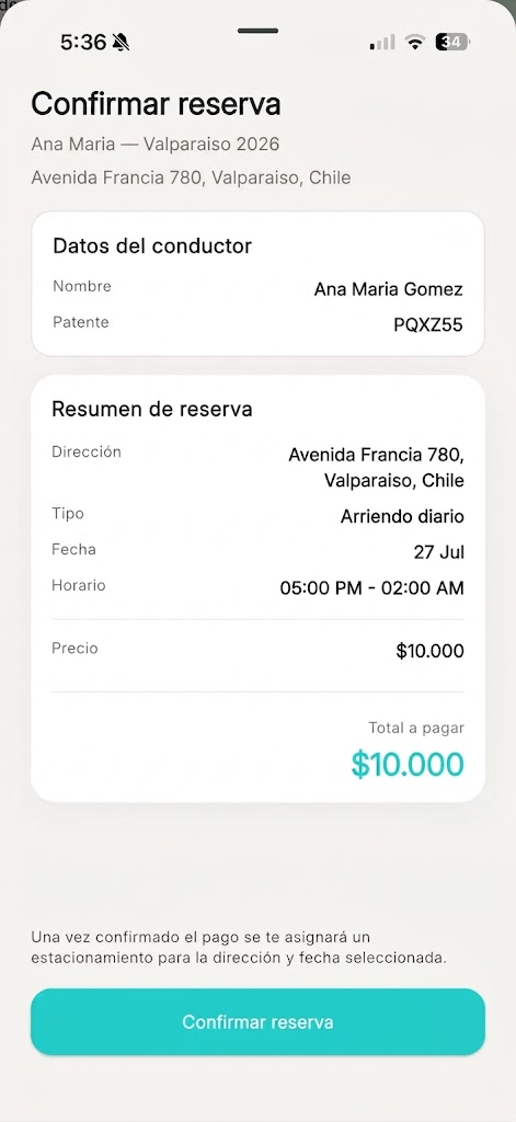 Pantalla Park In: confirmar reserva